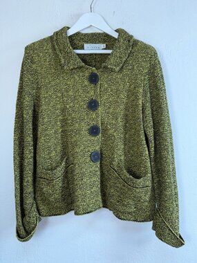 Willow Womens Medium Button Front Knit Jacket Green Black Textured Cotton Blend